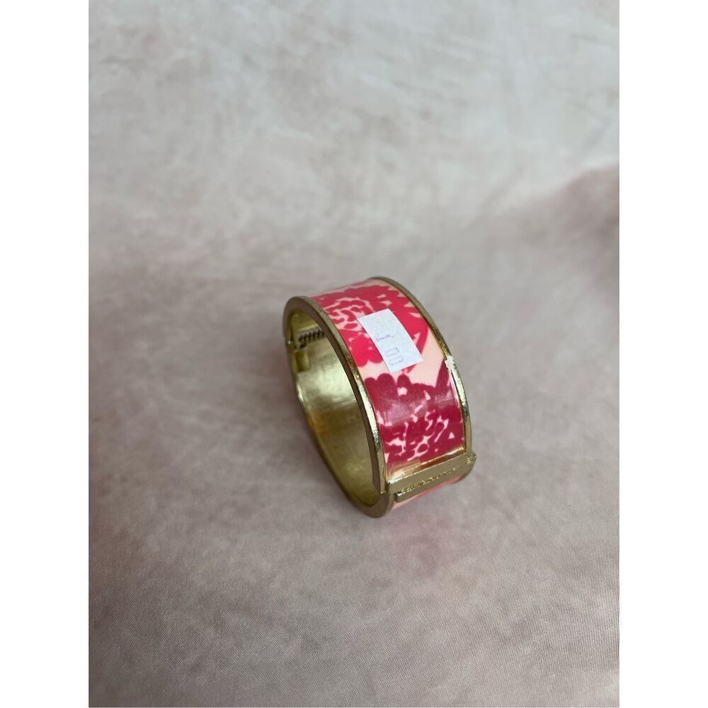 Wide Hinged Goldtone Bracelet with Pretty Pink and Red Flowers - Picture 3 of 4